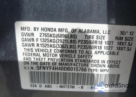 2013 Honda Pilot Ex z USA, uszkodzony, nr VIN 5FNYF4H40DB015766